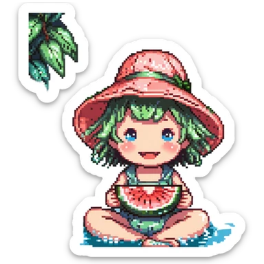 Change the river color to a soft pastel purple, keeping the rest of the pixel art scene the same, with a happy kid in a floppy sun hat eating watermelon by the river, surrounded by sparkles and water splashes. sticker