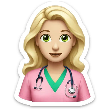 pale blonde girl with long wavy hair and green eyes wearing pink scrubs and stethoscope  sticker