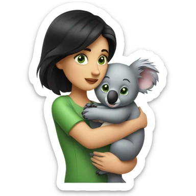 black hair women that has green eyes kissing a really cute koala that hugs her  sticker
