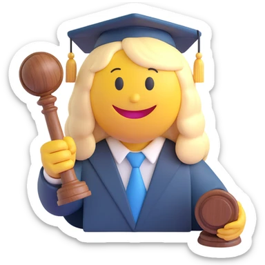 3D smiley emoji, round shape, judge wig and gavel, smiling face sticker