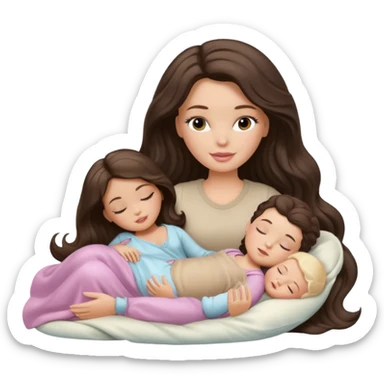 White Barbie girl dark brown long wavy hair in beige clothes sleeping with white baby at cream bed sticker