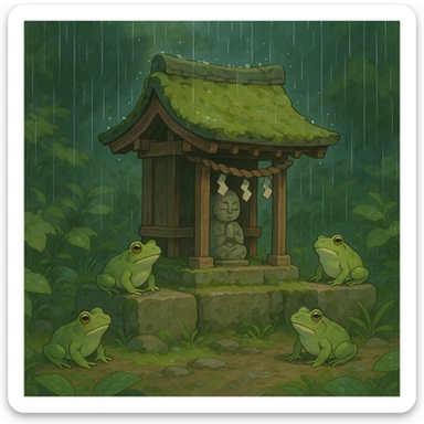 Rain falling gently on a tiny shrine surrounded by frogs. sticker