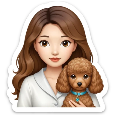 a asian lady with long balayage hair with highlights, long lashes, holding a brown poodle, wearing white outfit sticker
