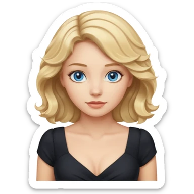 woman with blond wavy hair, tight black dress with a white line at the top, blue eyes sticker