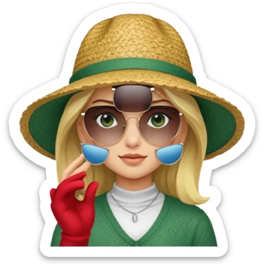 blonde girl in dark green straw hat adjusting sunglasses sticker