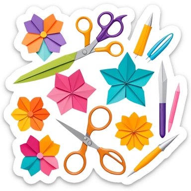 Paper crafting icon, various paper crafts like origami, paper flowers, and scrapbooking materials, visible tools such as scissors, glue stick, and paper sheets, colorful paper patterns, minimalistic style, clean lines, transparent background. sticker