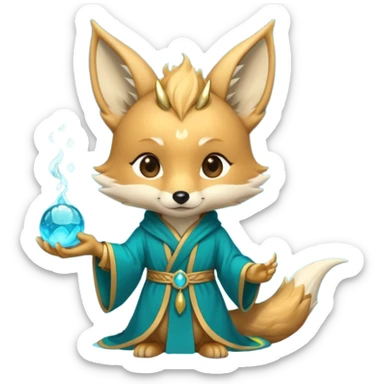 Chibi teal fox with gold mark on forehead, teal-gold robe, holding glowing blue water orbs, with dragon tail on its backside with small antler horns on its head sticker