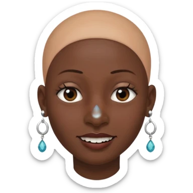 Make a emoji of a person with dark skin and has a nose ring and has a bunch of small earrings and a big earring and who has a tiny bit of hair and who has a gap between her two front teeth and with no hair sticker
