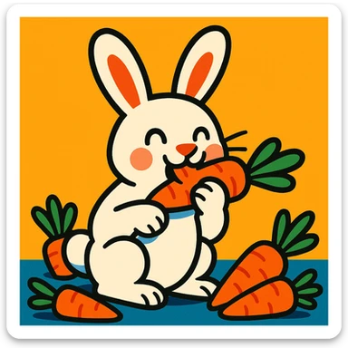 conejo blanco comiendo zanahorias, estilo ilustración vibrante y alegre, fondo simple sticker