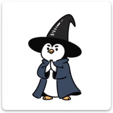 A penguin wizard with a serious expression, wearing a dark blue robe, hands clasped together sticker