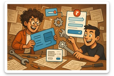 Two designers in a clever, chaotic workshop, one with curly hair and one with short dark hair, using tools like a wrench, ruler, and Figma UI elements to repair and upgrade messy old UI components. They are focused and playful, turning legacy UI into a clean, beautiful interface. sticker