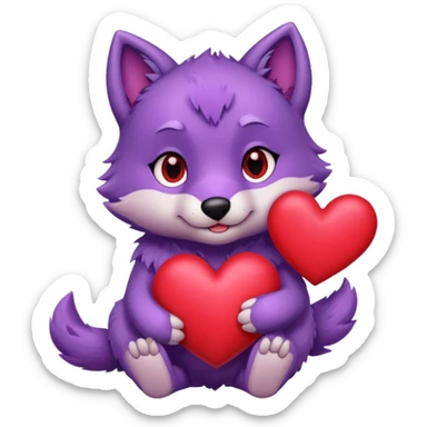 Cute purple wolf pup holding heart sticker