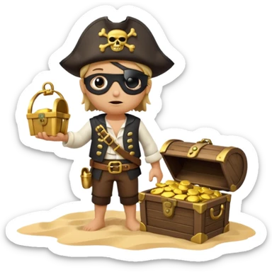 A 3D cartoon pirate with one eye covered by a black eye patch, holding a treasure chest of gold, wearing a hat, standing on sand, Memoji-style. sticker