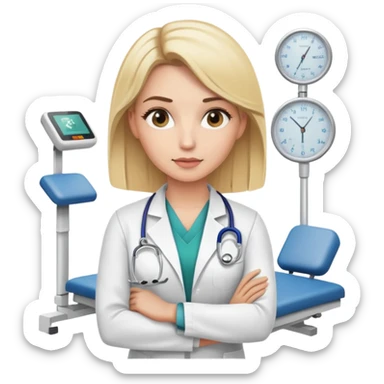 A blonde female kinesiologist with a thoughtful expression, wearing professional medical attire, in a physical therapy clinic setting sticker
