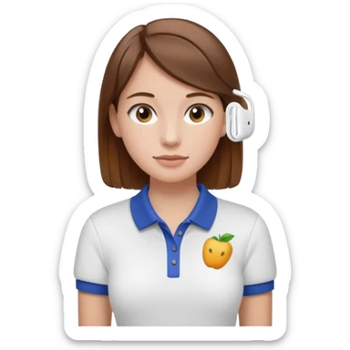 Girl with brown hair with airpods wearing a wegmans grocery store polo sticker