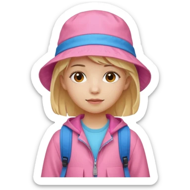 A student white skin, blonde hair, with pink bucket hat, orange jacket, blue backpack sticker