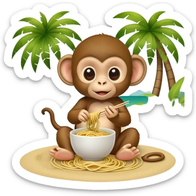 Baby monkey eating noodles on the beach with Palms  sticker