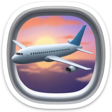 Airplane window with sunset sticker
