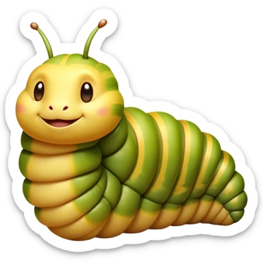 Beautiful and Majestic Caterpillar Portrait Emoji, Head and body rendered in serene repose with a gentle, content smile, showcasing a delicately segmented form with softly textured hues and eyes peacefully closed in tranquil slumber, Simplified yet exquisitely endearing features, highly detailed, glowing with a soft, drowsy natural light, high shine, relaxed and utterly noble, stylized with an air of graceful metamorphosis, soft glowing outline, capturing the essence of a beautiful and majestic caterpillar that embodies the quiet promise of transformation! sticker