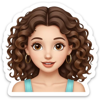 cute girl with not volominous VERY LONG curly/wavy brunette hair with balayage, brown eyes, full lips, natural clean girl makeup and hoop earrings white girl: happy jumping sticker
