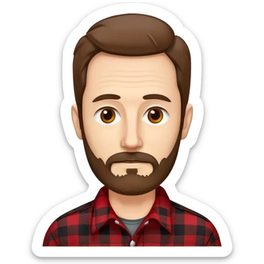 Thin man in his 50s with light complexion. Narrow face with pronounced cheekbones. Unkempt brown hair sticking up in places. Scruffy, uneven brown beard. Wearing a red and black checkered flannel shirt that hangs loosely on his lean body. sticker