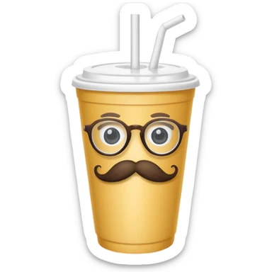 paper cup and white straw, the cup has eyes and mouth and glassess and mustache sticker