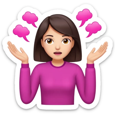Social media manager. She has dark brown hair, brown eyes, exhaling deeply, hands slightly raised showing frustration. Use vibrant colors with a focus on pink and fuchsia tone sticker