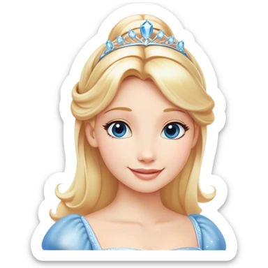 Cinematic Radiant Cinderella Portrait Emoji, rendered in a clean vector-style with bold proportions. Show Cinderella with a warm, serene smile, fair skin, and lustrous blonde hair, wearing a simple yet elegant dress that shimmers with gentle light. The image glows with an inviting, soft radiance and high shine, embodying timeless beauty. sticker
