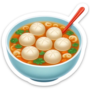 Fujian fish ball soup with clear broth in bowl, simplified emoji style with bold outlines and bright colors, cartoon style Southern Chinese breakfast Yu Wan Tang sticker