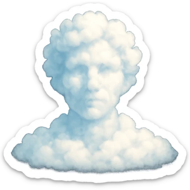 a person shown from shoulders up, facing forward, composed of many small clouds, bright and recognizable image, no text sticker