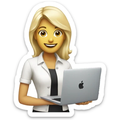 blonde developer holding macbook, smiling sticker