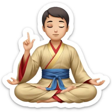 man in hanfu closing sitting in lotus pose, pointing one finger to sky as wisdom gesture sticker