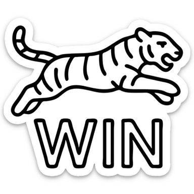 simple icon of Bengal tiger leaping over the word 'WIN', flat outlined icon style sticker