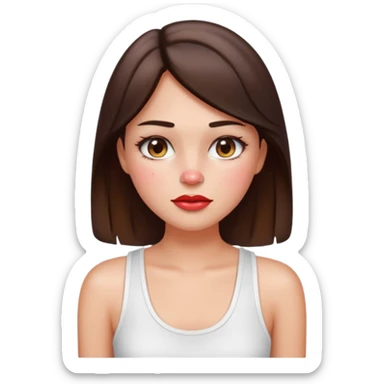 “Emoji brunette girl white tanktop, dewy skin, heavy blush across cheeks and nose bridge, glossy cherry lips, soft eyeliner, teary sparkling eyes like hanni from new jeans sticker