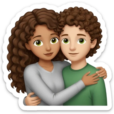 light brown skinned girl with long and dark brown wavy hair and brown eyes hugging and being loving with white boy with light brown and very curly short hair and green eyes  sticker