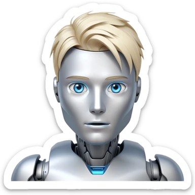 Male humanoid robot with messy straight blond hair, metallic face, digital eyes, sharp jawline, futuristic sticker