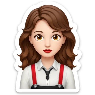 Woman with wavy brown hair and hazel eyes wearing black dress pants with red suspenders sticker