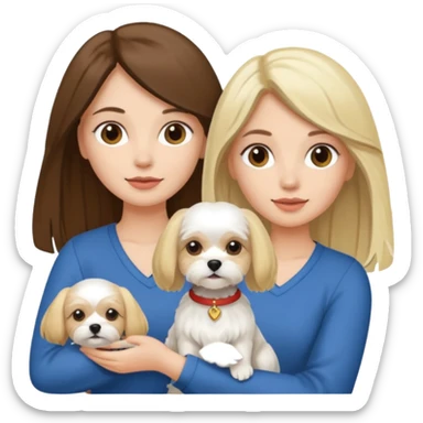 two women are holding one Maltese dog. one woman is brunette the other woman is blonde long haired  sticker