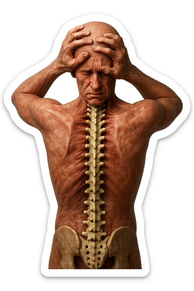 CORPO UMANO ANATOMICO con spina dorsale in evidenza, molto stanca e stressata mentre si tiene le mani sulla testa, IPERREALISTICO 4K sticker