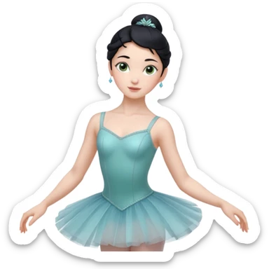 Cinematic Realistic ballerina Medium Blue Portrait, depicted with lifelike skin texture, subtle rosy undertones, and soft natural lighting that enhances the gentle contours of her face. Her intricately detailed sweet black hair is elegantly styled, green eyes sticker
