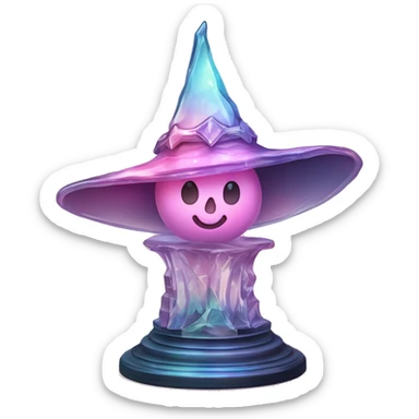 crystal sculpture witch hat with whimsical design. The hat is standing upright on a wooden stand with angular and baroque features. The vibrant midtone tints of pastels and pink highlights the sharp edges and planes.  sticker