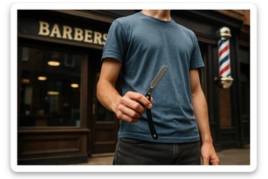 sartaroshxona oldida turgan yosh yigit bir qo'lida ustara bilan pastroqdan rakurs yuzi ko'rinmasin sticker