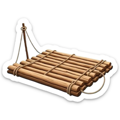 showing a simple wooden raft floating on calm blue water — made of several brown logs tied together with rope — gentle ripples around it — bright, cheerful lighting and soft shadows — minimalist, clean emoji design sticker