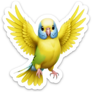 cinematic-[budgie]-realistic-full-body-perched-emoji,-wings-out-flying,-head-tilted-dramatically,-sleek-[yellow]-feathers,-simplified-yet-realistic-focused-features,-highly-detailed,-glowing-with-an-almost-sarcastic-glow sticker