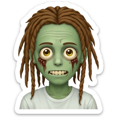 zombie teen with brown dreads covering forehead white tee golden eyes light green skin  and white smile sticker