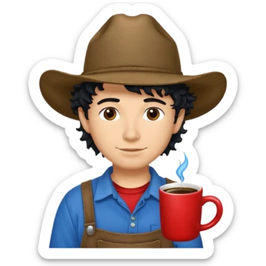 Ranch hand with blue hat and coffee mug, curly black hair, red shirt sticker