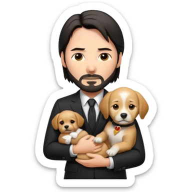 john wick as an apple-style emoji, holding a puppy, gentle expression, black suit sticker