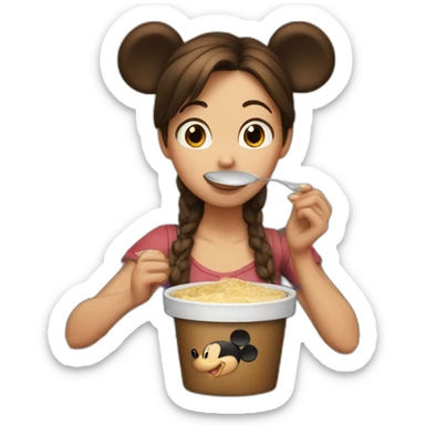 Woman medium brown hair and half tail,eating A pot of spread,  with mickey mouse ears sticker