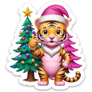 Pink tiger with Santa hat thumbs up, by a brightly lit colorful Christmas tree sticker