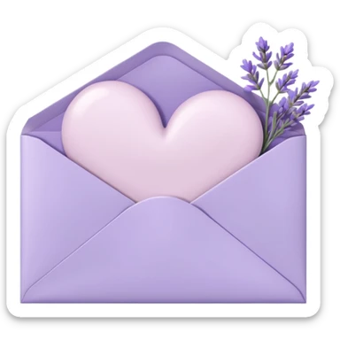 a closed pastel light whitish purple envelope with a white heart doodle on it, with some white papers, and lavender flowers laying on top  sticker